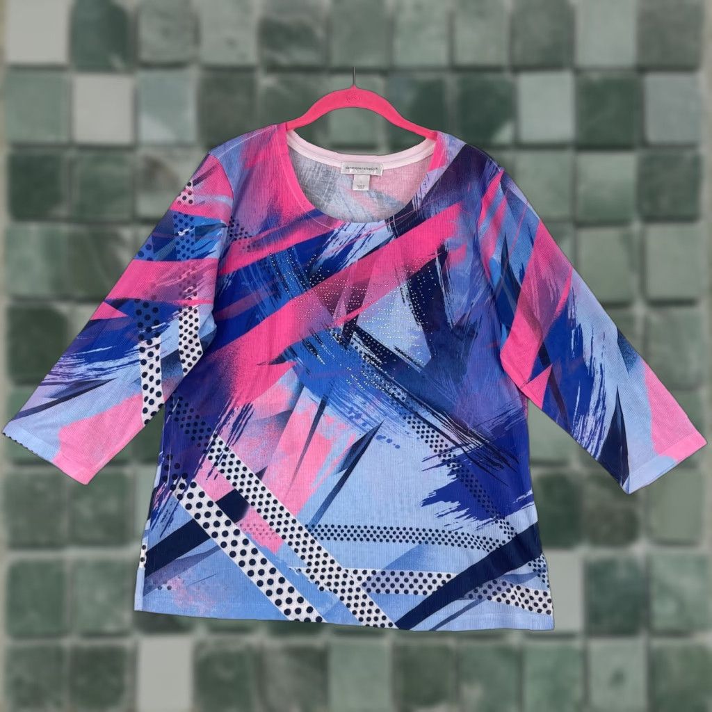 Vintage Christopher & Banks Shirt Womens Large Pink Mixed Media Pullover 3/4 Sleeve Knit Geometric Pattern Casual Size L / US 10 / IT 46 - 1 Thumbnail