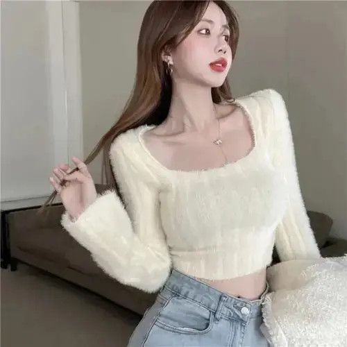Japanese Brand Autumn Winter Knitting Crop Tops Women Skinny Size ONE SIZE - 1 Thumbnail