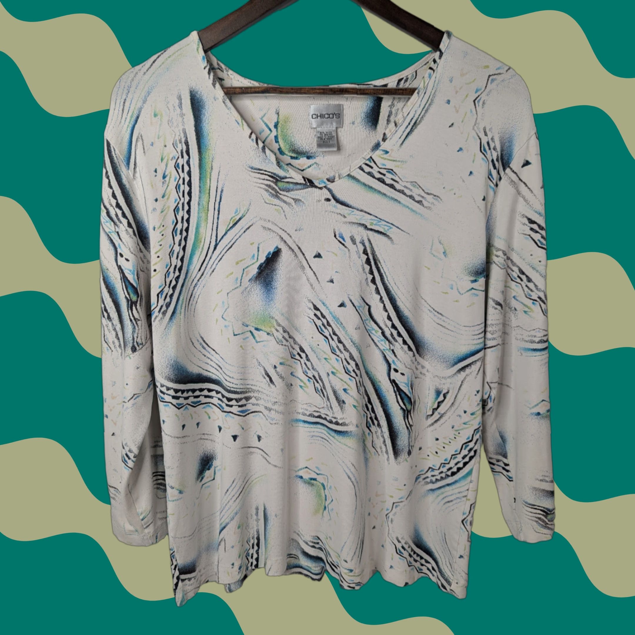 Vintage Chicos Womens Shirt White Abstract PRrnt 3/4 Sleeve Rayon Canada XL Geometric V-Neck Pullover Casual Wrinkle Resistant All Seasons Size XL / US 12-14 / IT 48-50 - 1 Thumbnail