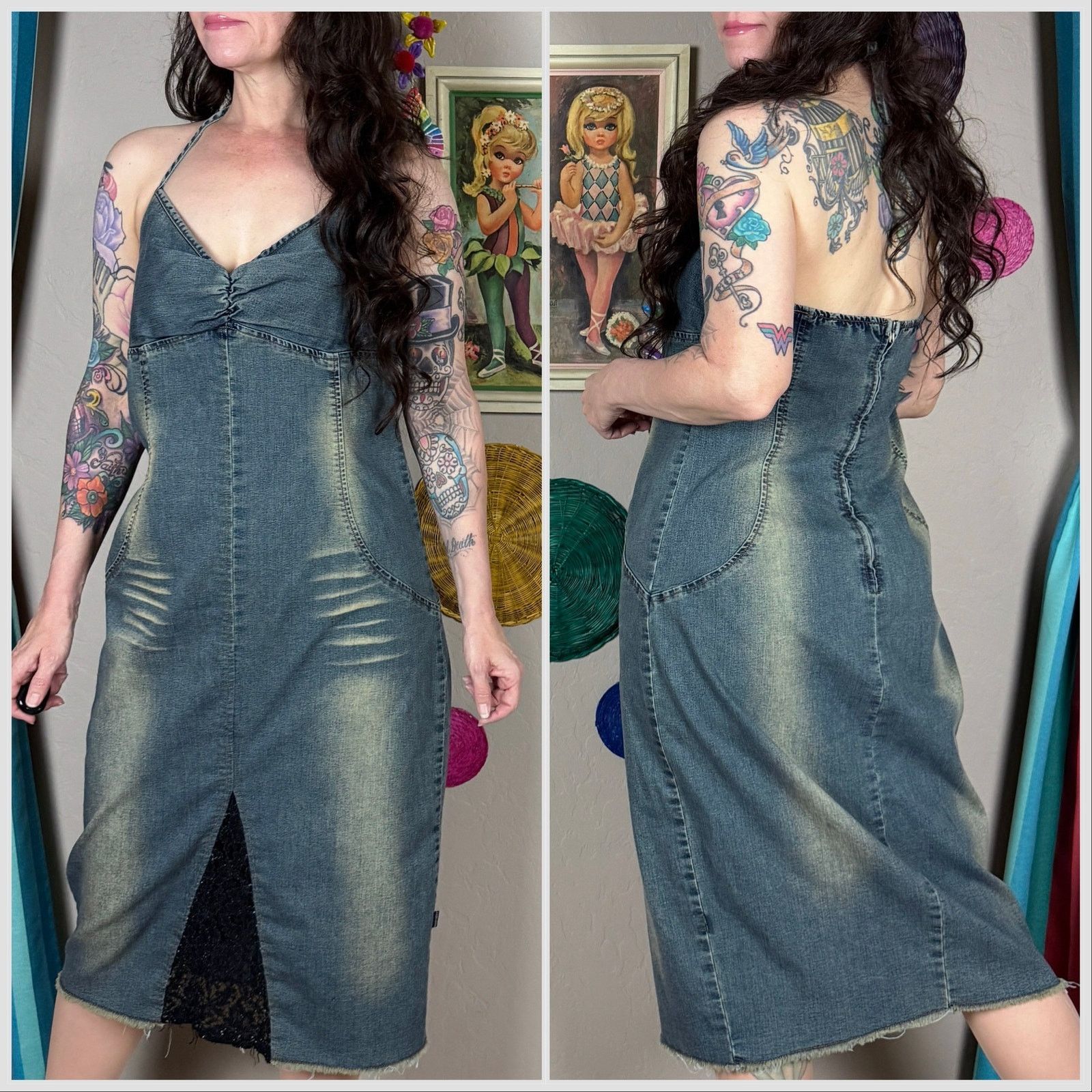 Vintage Vintage 1990s Blue Halter Neck Stretch Denim Jean Dress Size M / US 6-8 / IT 42-44 - 3 Thumbnail
