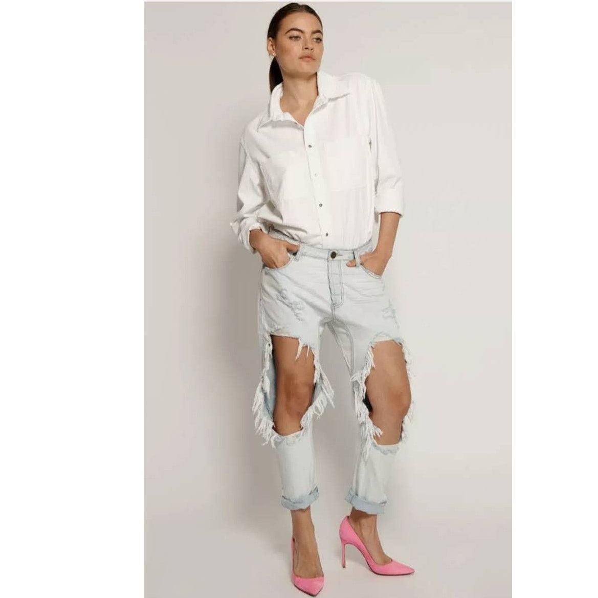 One Teaspoon New ONE TEASPOON Brando Saints Destroyed Denim Jeans $178 26 Size 26" / US 2 / IT 38 - 3 Thumbnail