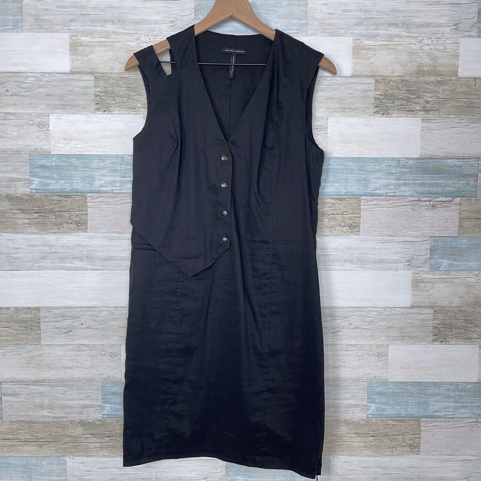 Sarah Pacini Linen Blend Asymmetric Dress Black Womens L