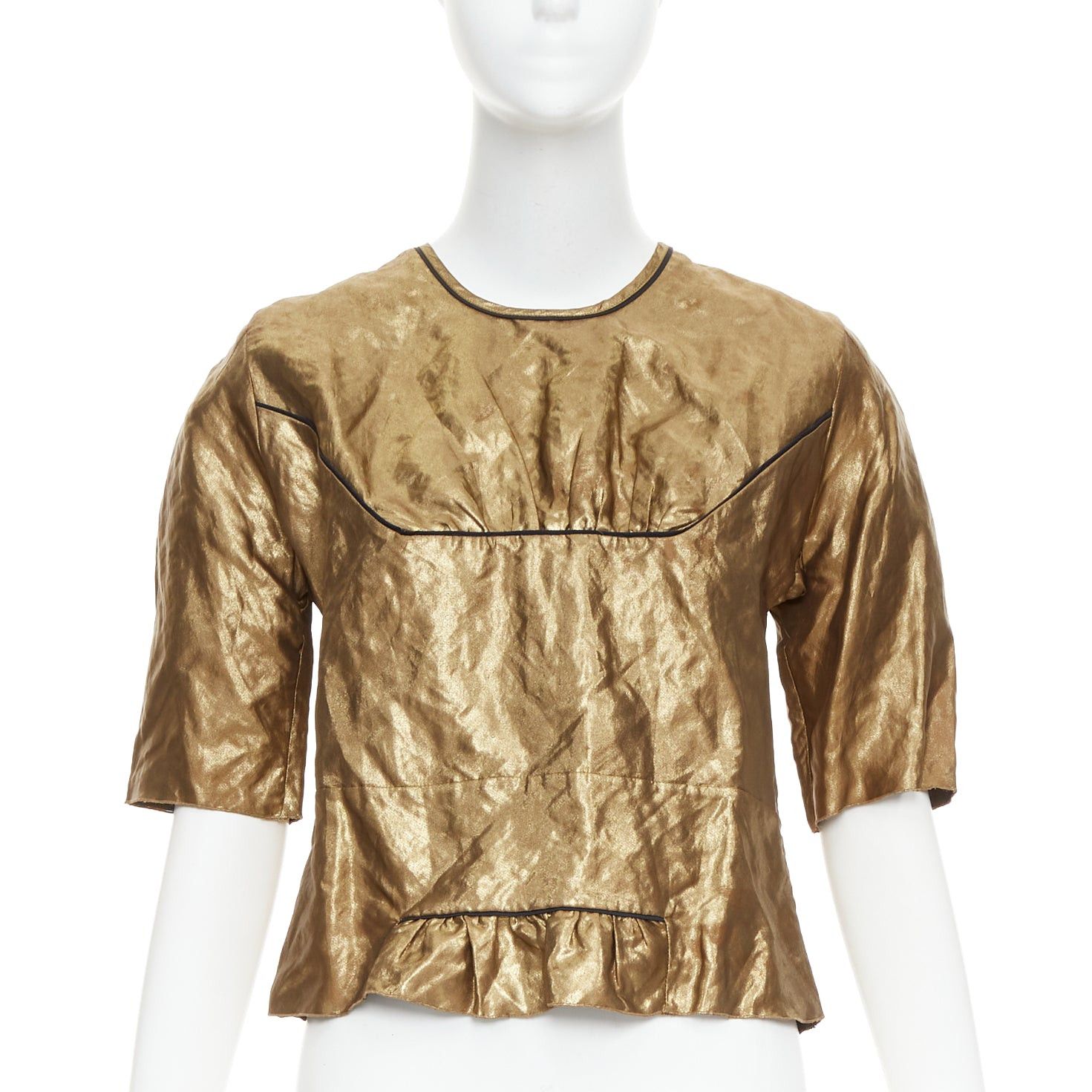 Marni MARNI 2010 metallic gold coated black piped boxy half sleeved cropped top IT40 S Size S / US 4 / IT 40 - 1 Thumbnail