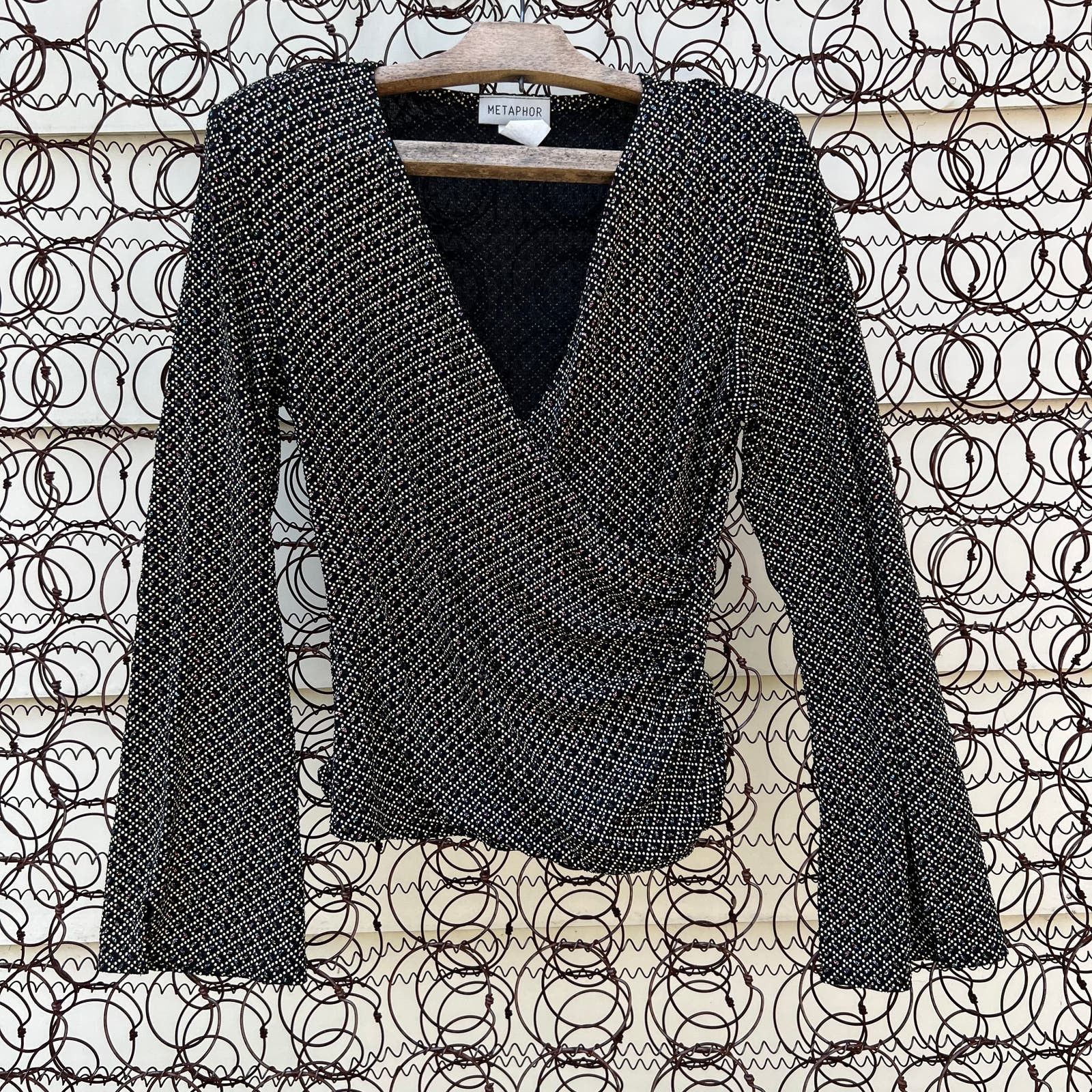 Vintage Metaphor stretch glitter dark wrap front bell sleeve blouse ...