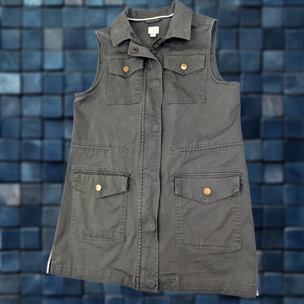 Vintage A New Day Field Canvas Vest Women S Olive Green Sleeveless Zip Pockets Button Long Jacket/Coat Size S / US 4 / IT 40 - 1 Thumbnail