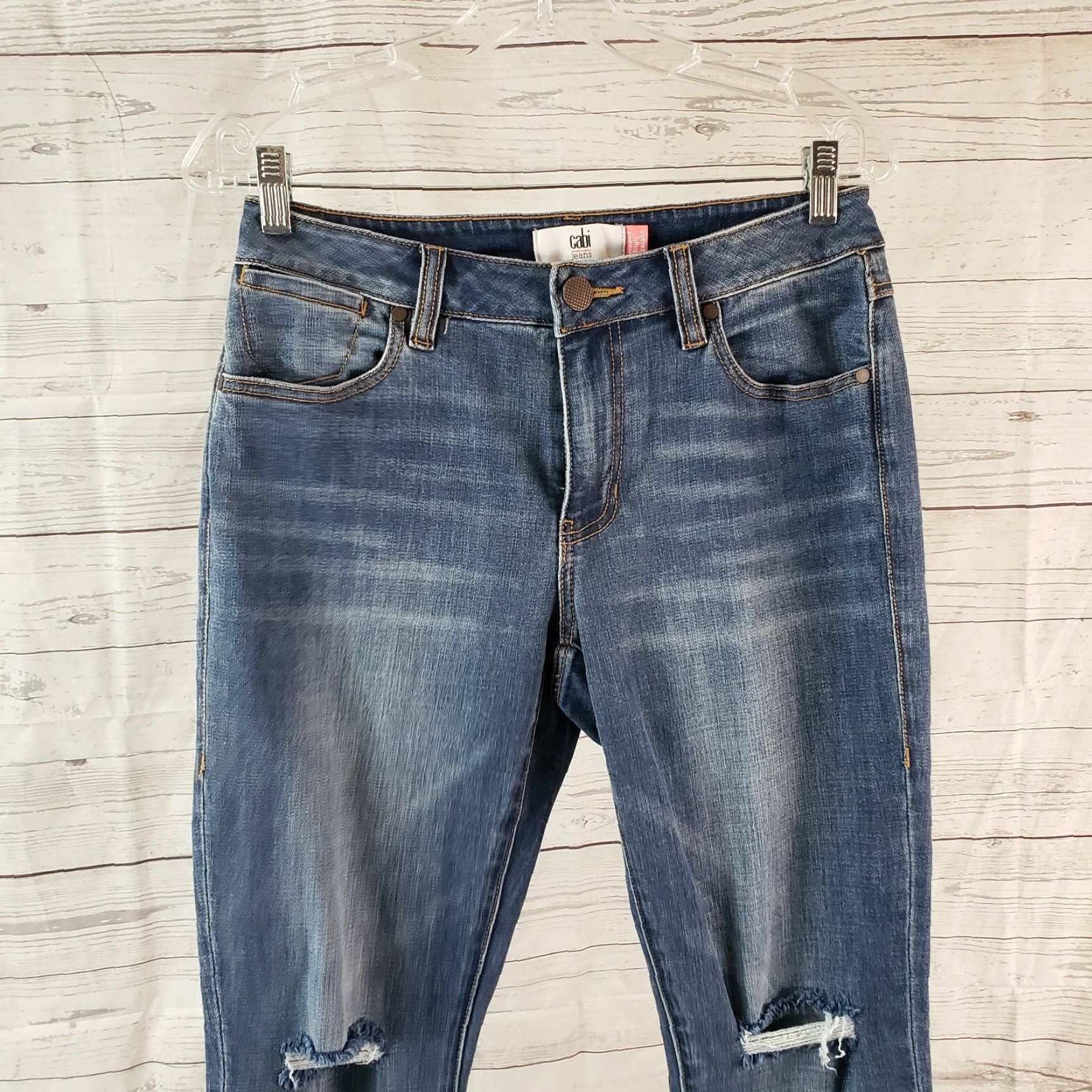 Vintage CAbi 5495 Womens Cropped High Straight Jeans Sz 4 Blue Distressed Raw Hem Size 27" / US 4 / IT 40 - 2 Thumbnail