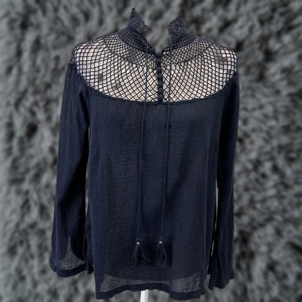 Free People Free People Crochet Yoke High Neck Long Sleeve Top Blue Women's Small Size S / US 4 / IT 40 - 1 Thumbnail