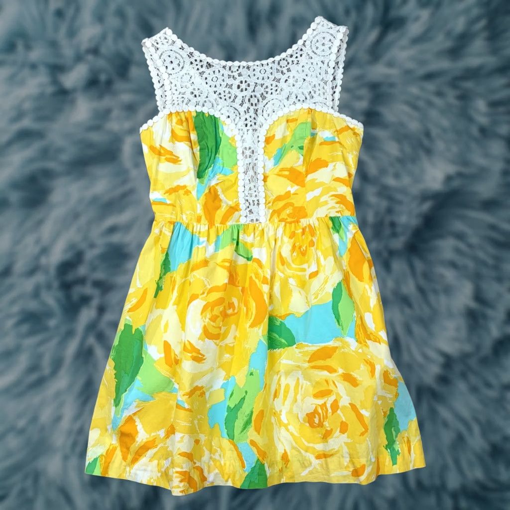 Lilly Pulitzer Lilly Pulitzer Yellow Floral Lace Yoke Fit Flare Dress Sleeveless Cotton Womens 4 Casual Party/Cocktail Summer Spring Vintage No Size S / US 4 / IT 40 - 1 Thumbnail