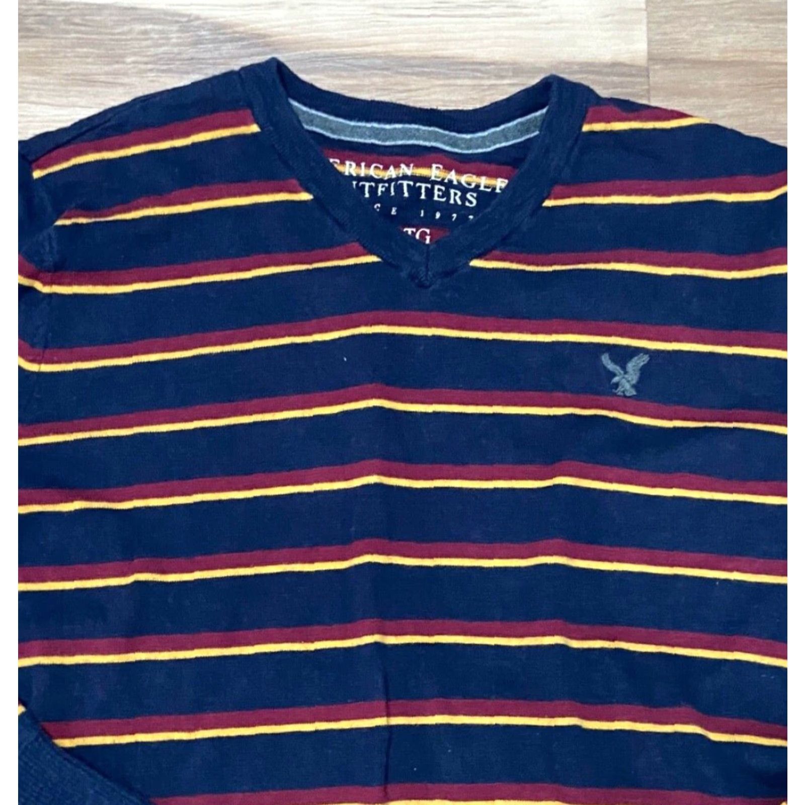 American Eagle Outfitters American Eagle Sweater Mens XL Navy Blue Striped V Neck Long Sleeve Pullover Size US XL / EU 56 / 4 - 2 Thumbnail