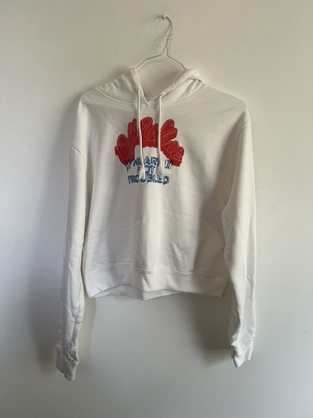 Off white heart not troubled hoodie hotsell