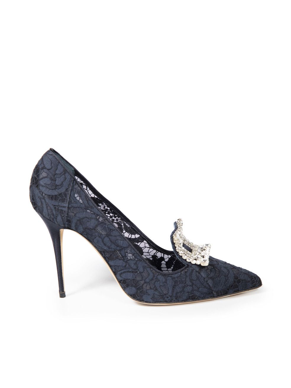 image of Manolo Blahnik Navy Lace Crystal Buckle Pumps Shoes, Women's (Size 10)