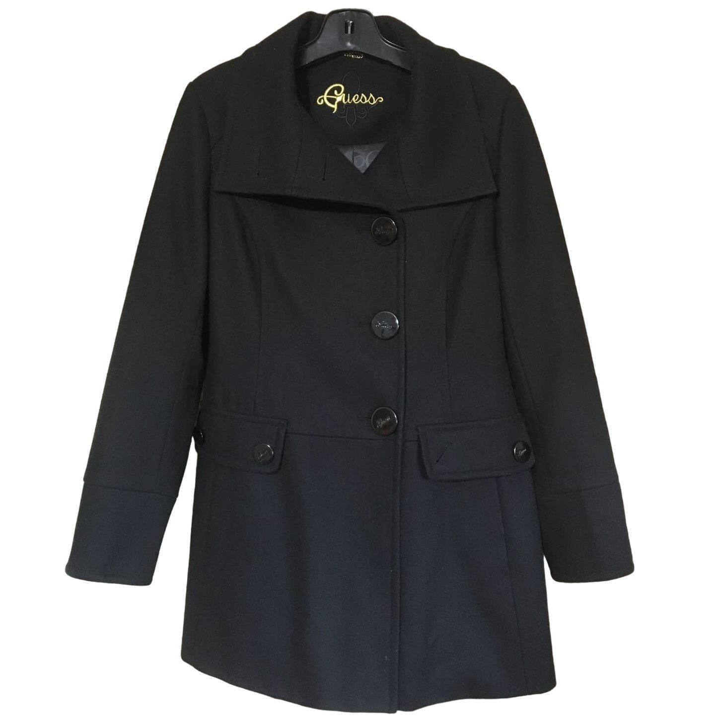 Guess Guess Large Wool Blend Black Lined Pea Coat Gold Embroidery Size L / US 10 / IT 46 - 1 Thumbnail