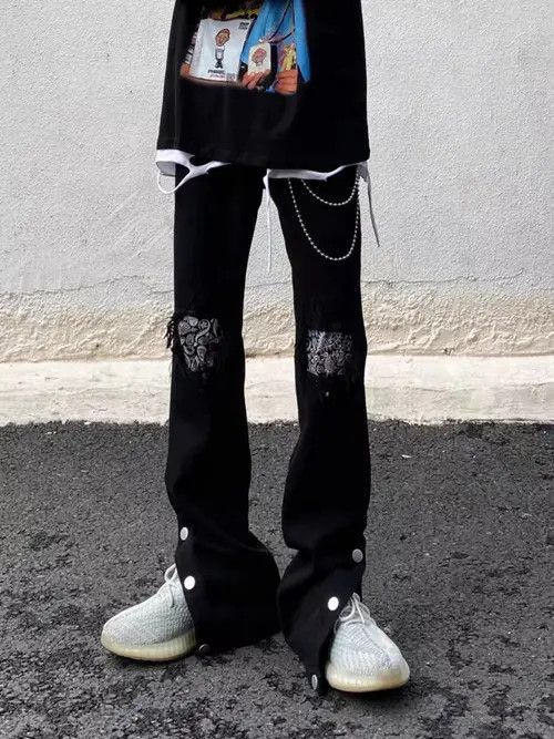 VIBE Black high street patched ripped straight breasted jeans Size US 32 / EU 48 - 6 Thumbnail