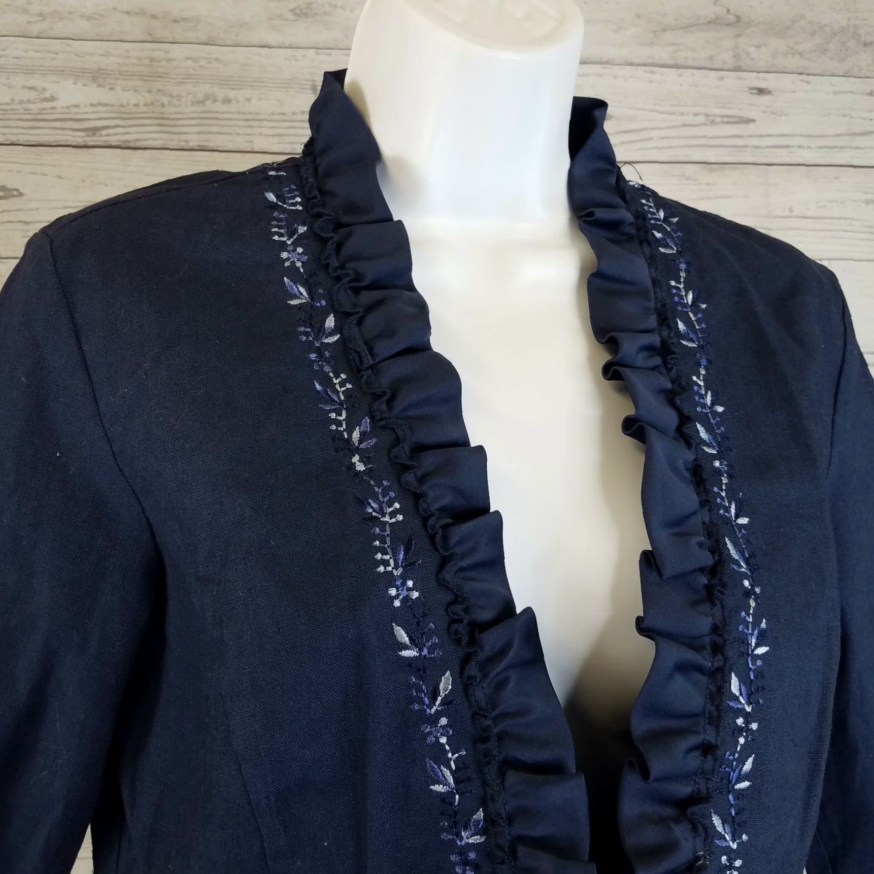 Vintage Vents D'Ailleurs Blazer Womens Jacket Floral Linen Blend Blue Size 4 Size S / US 4 / IT 40 - 2 Thumbnail