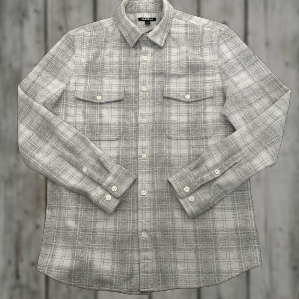 Express Express Flannel Shirt Mens Medium Gray Plaid Button Up Long Sleeve Heavy Blend Size US M / EU 48-50 / 2 - 1 Thumbnail