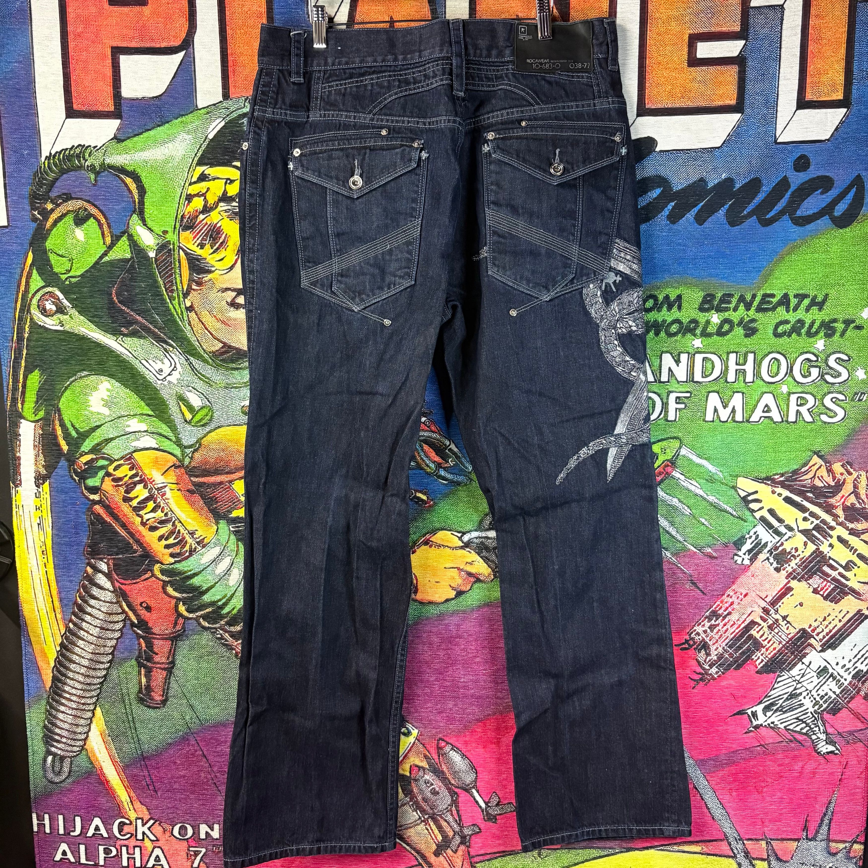 Y2K Rocawear Embroidered Snake and Dagger Jeans Size 36