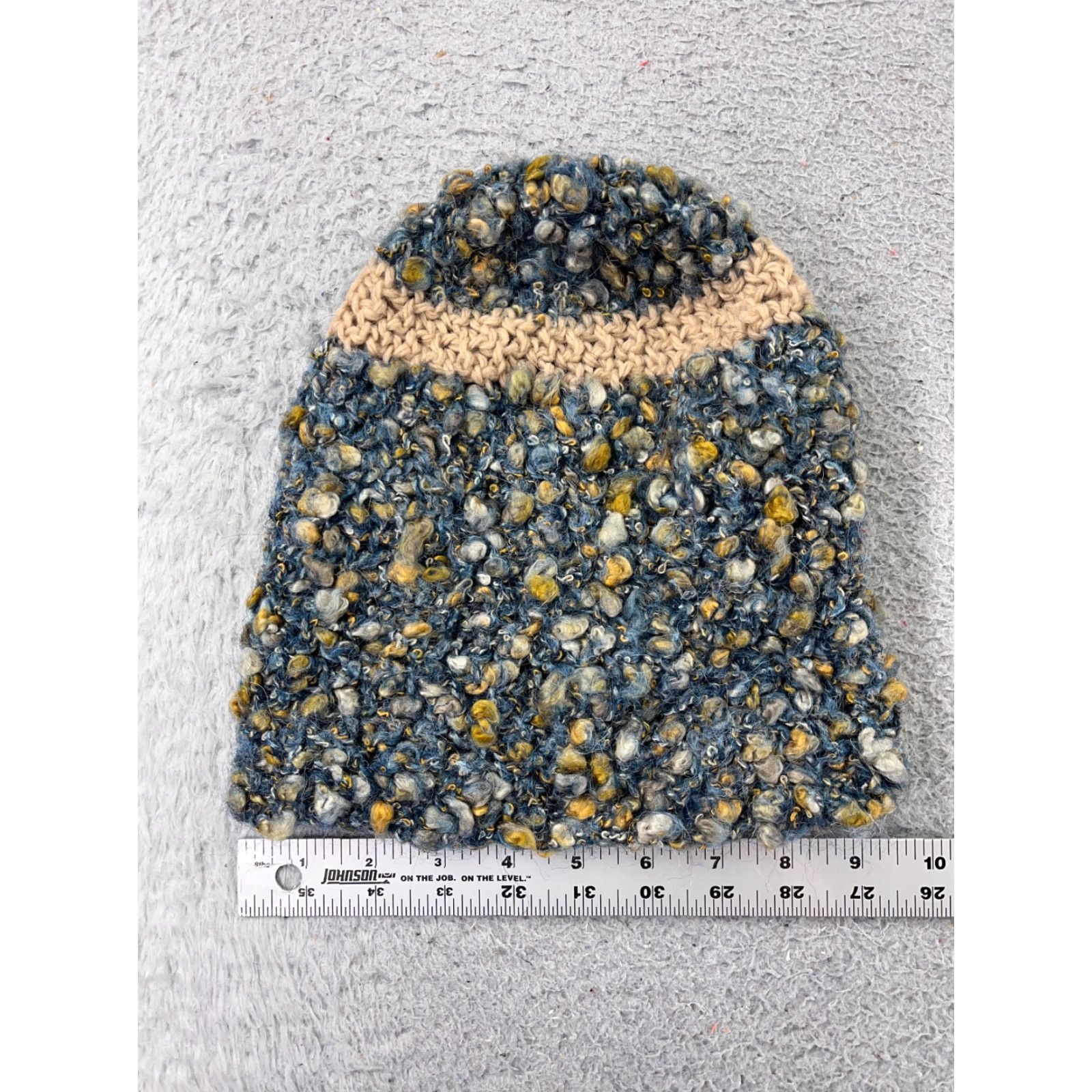 Vintage Handmade Beanie Hat Unisex Adults One Size Blue Yellow Knit Cotton Blend Ski Size ONE SIZE - 4 Thumbnail