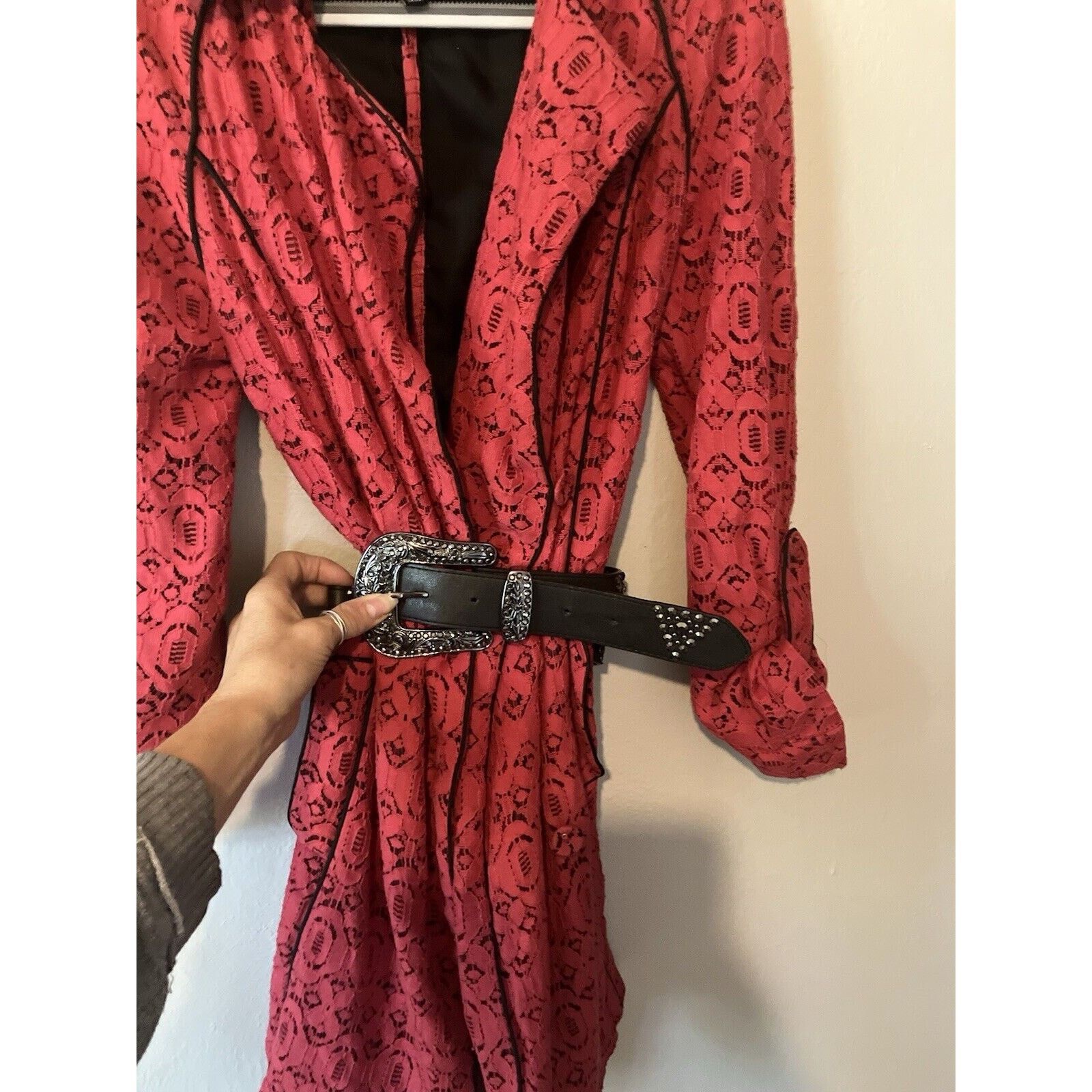 W&LT W118 Walter Baker Pallava Lace Trench Coat Red Black Small Size S / US 4 / IT 40 - 8 Thumbnail