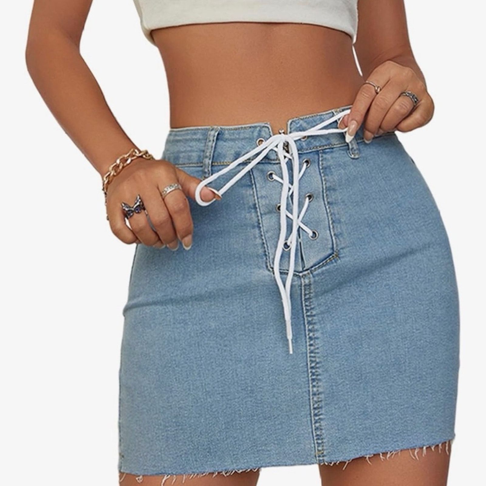 Other Y2K 85% Cotton Stylish Blue Denim Skirt with Lace up size S Size 25" / US 0 / IT 36 - 1 Thumbnail