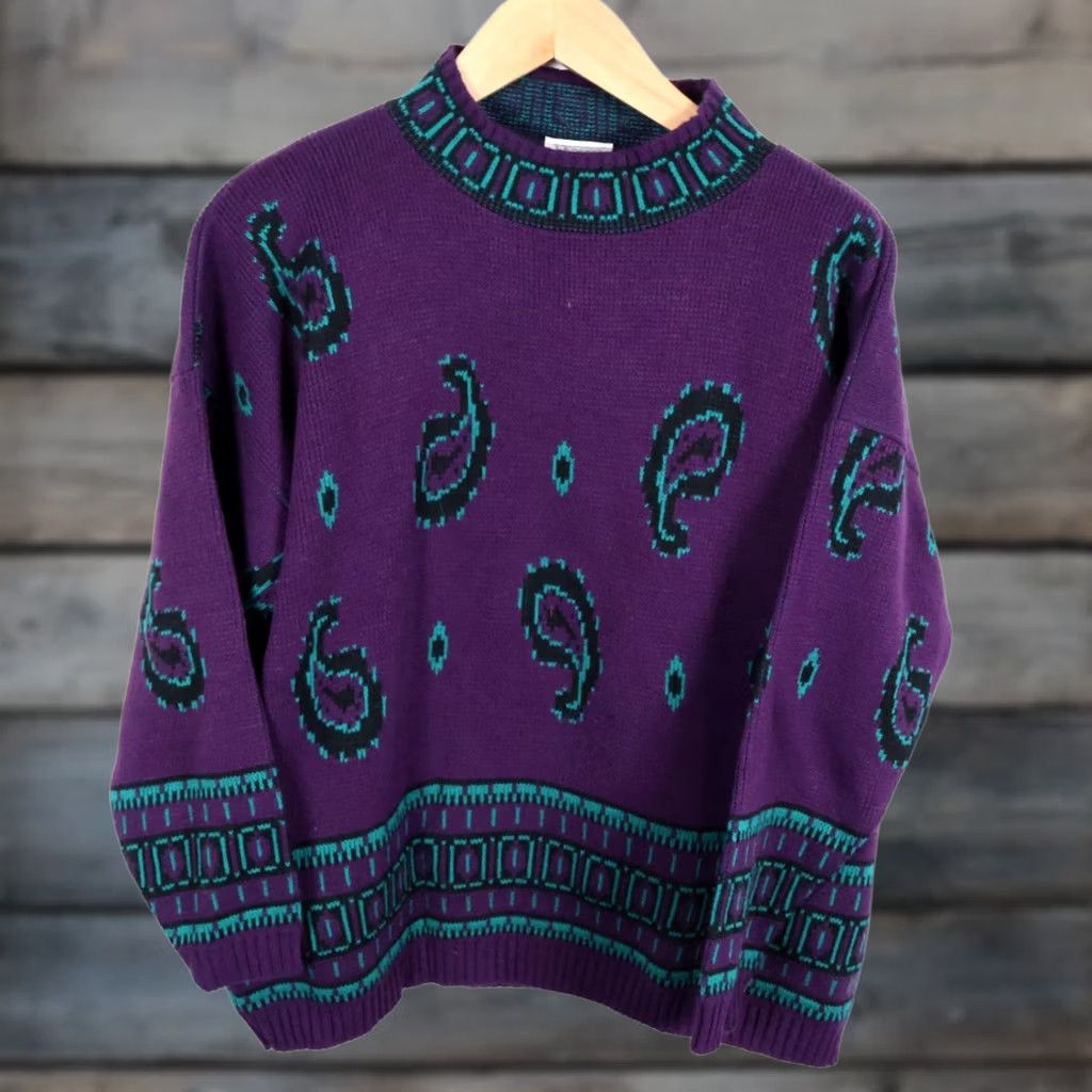 Vintage VINTAGE Honors 1X Purple Green Paisley Mock Neck Sweater Women's 90s Chunky Knit Pullover Size XL / US 12-14 / IT 48-50 - 1 Thumbnail