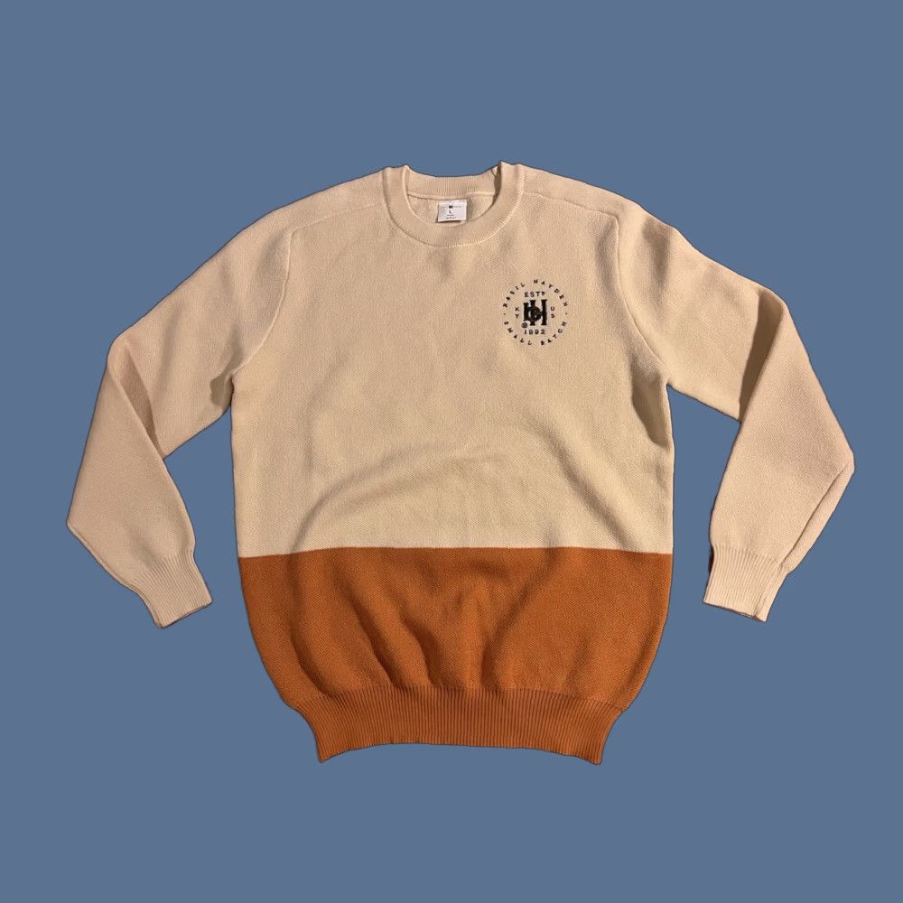 Basil Hayden Small Batch Whiskey Sweater Men’s L Ivory Brown Knit Crew Neck Pullover Colorblock Multicolor Logo Embroidered Regular Fit