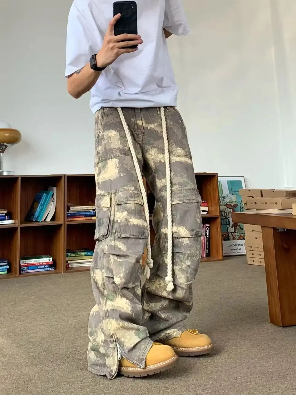 image of Vintage Fade Baggy Camo Flared Cargo Pants in Natrual Yellow, Men's (Size 29)