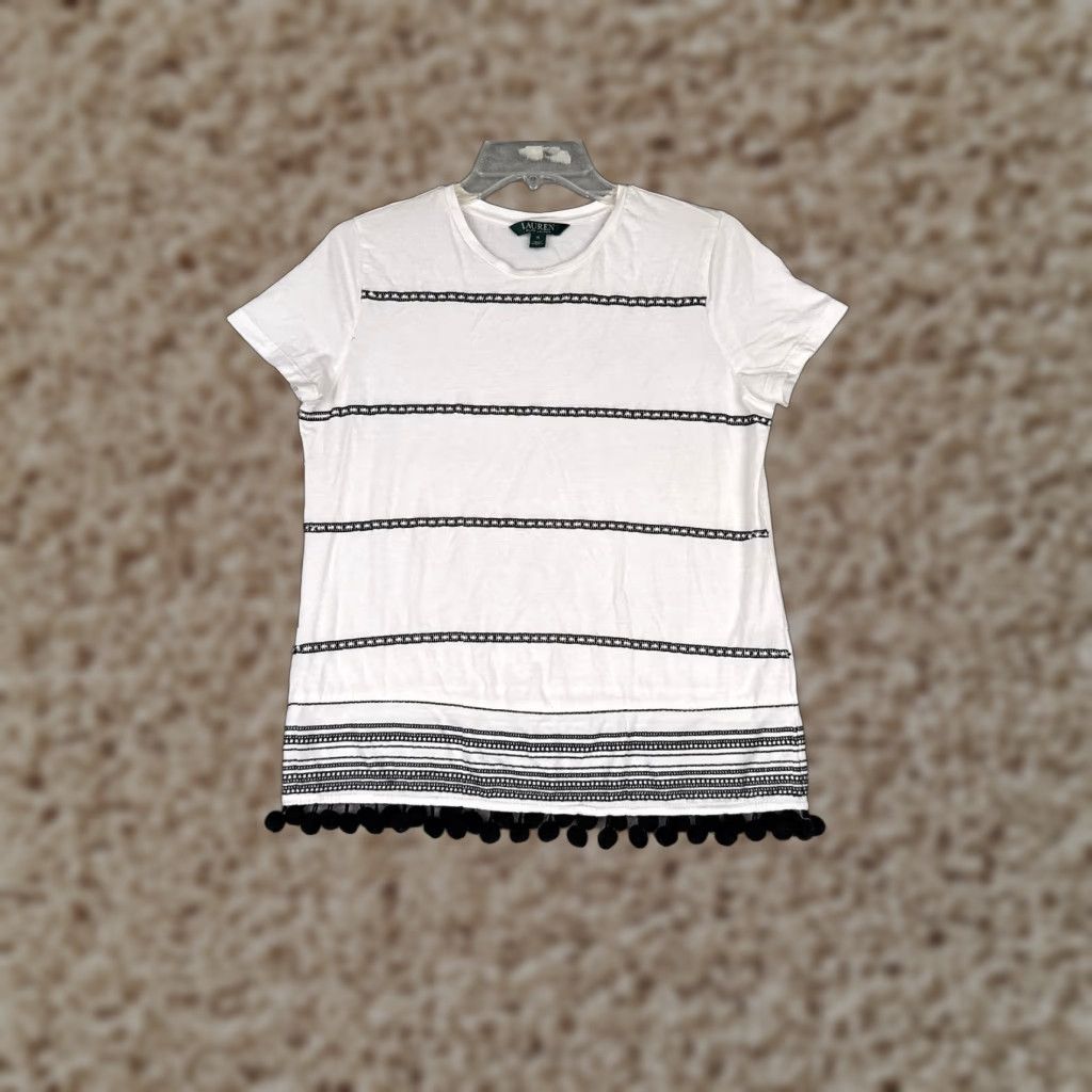 Ralph Lauren Lauren Ralph Lauren Shirt Women Medium White Black Crew Cotton Blend Pompom Trim Size M / US 6-8 / IT 42-44 - 1 Thumbnail