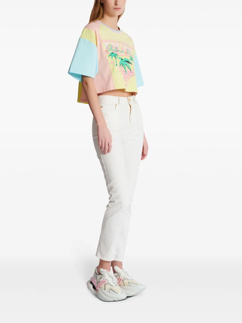 Balmain o1s1wg110725 Palm Tree Print Cropped T-Shirt in Multicolor Size S / US 4 / IT 40 - 7 Thumbnail