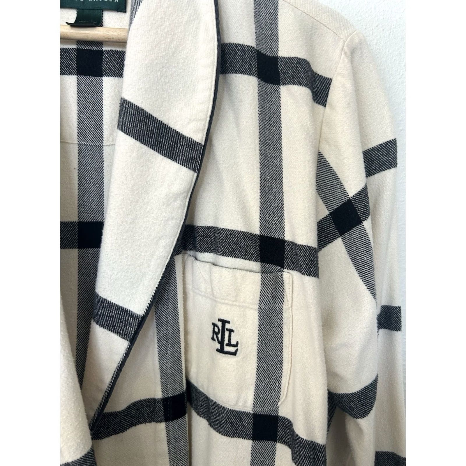 Ralph Lauren Lauren Ralph Lauren Robe Womens S Ivory Black Cotton Flannel Logo Check Belted Pockets Kimono Tie Bedtime Bath Spa LRL Size ONE SIZE - 3 Thumbnail