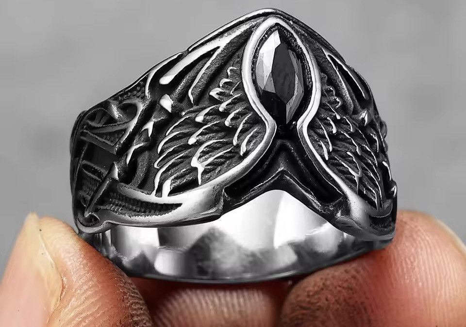 Jewelry Angel Wings Black Gems Stone Ring Size ONE SIZE - 3 Thumbnail