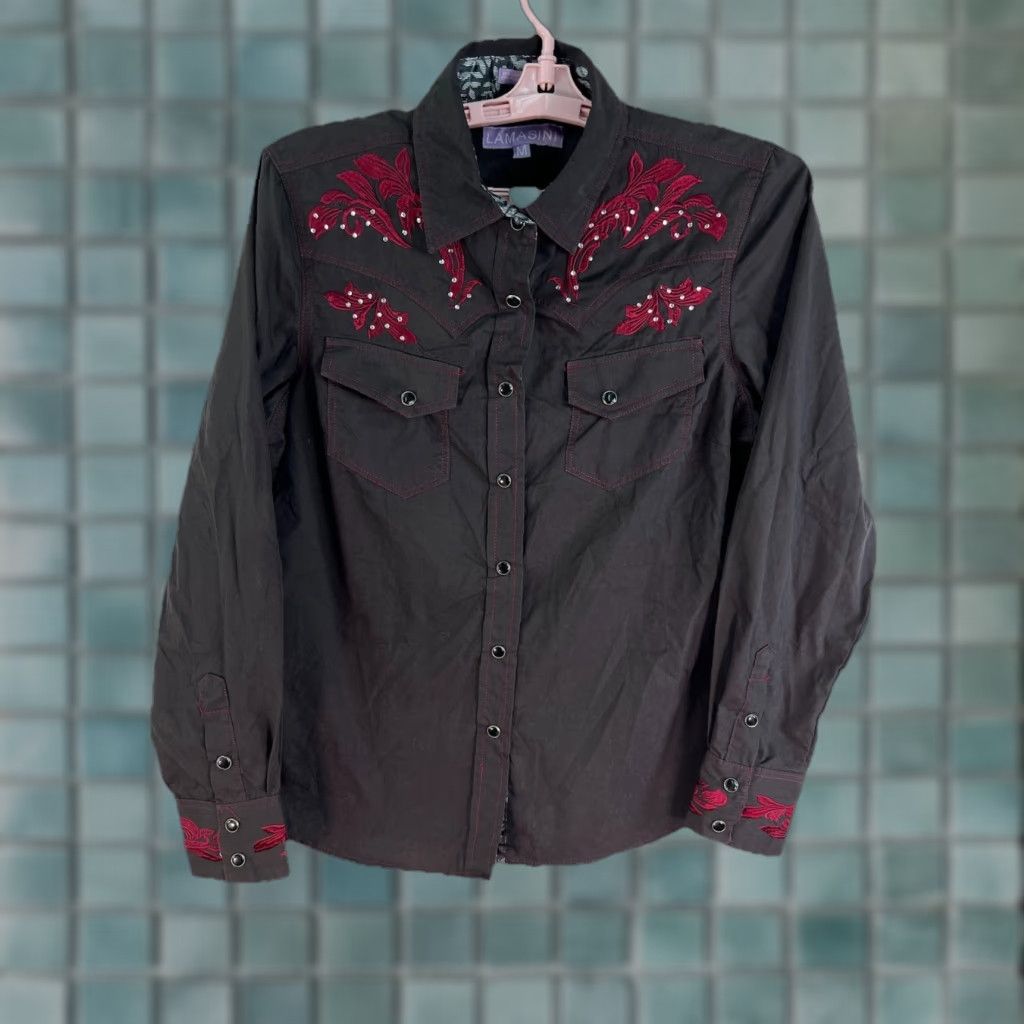 Vintage Lamasini Western Shirt Women M Black Beaded Embroidery Cowgirl Button-Up Long Sleeve Size M / US 6-8 / IT 42-44 - 1 Thumbnail