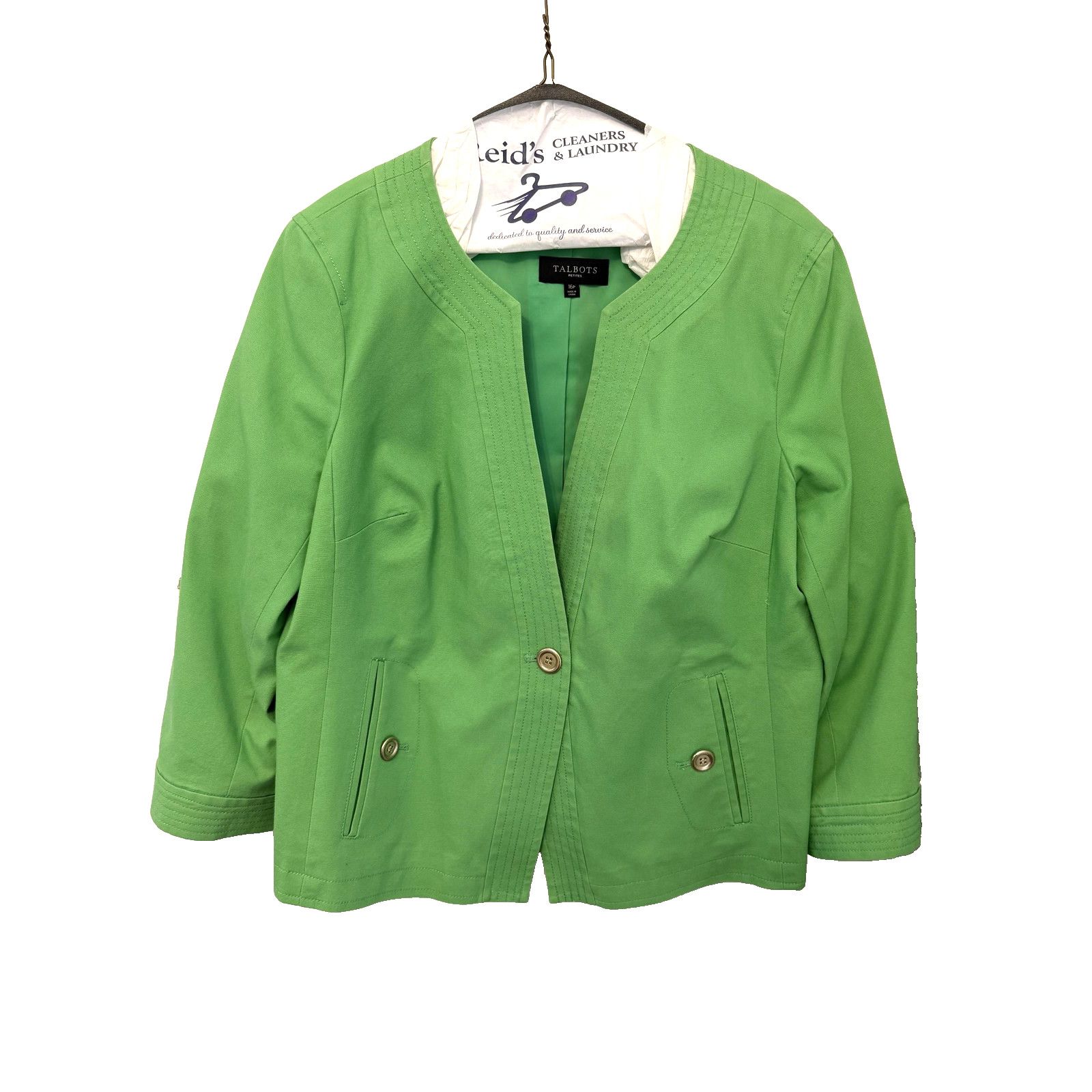 Robert Talbott Talbots Blazer Womens 16P Green Collarless Open Front Petite Size XXL / US 16-18 / IT 52-54 - 2 Thumbnail