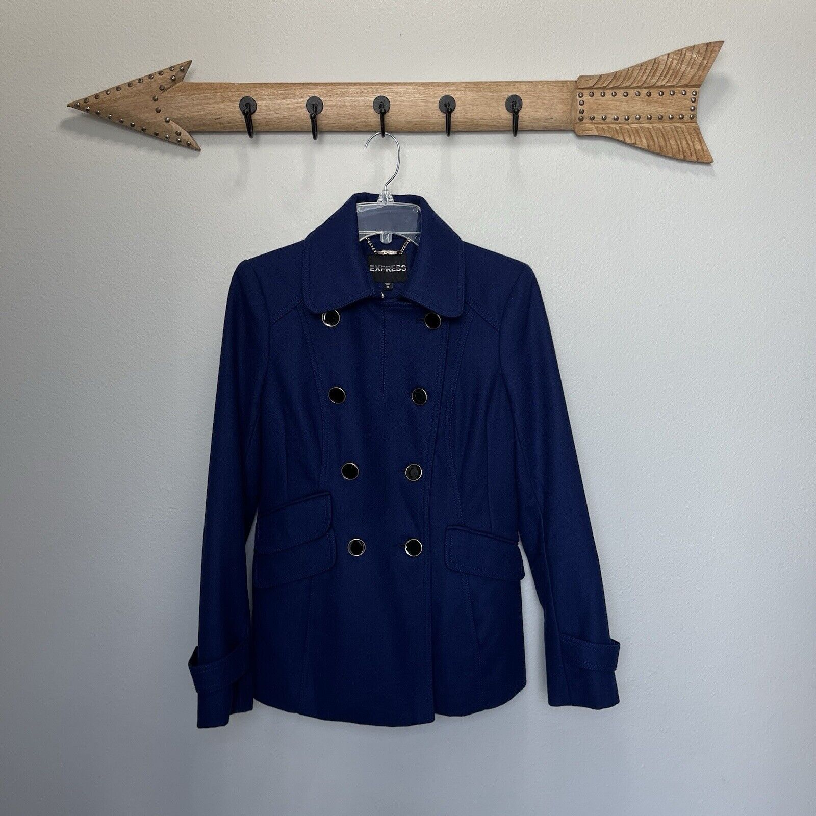 Express Express | Royal Blue Double Breasted Recycled Wool Pea Coat Size XS / US 0-2 / IT 36-38 - 1 Thumbnail