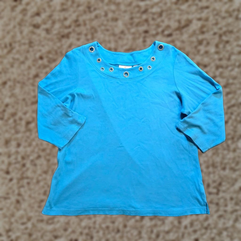 Quacker Factory Quacker Factory Top Womens Large Blue Rhinestones 3/4 Sleeve Boat Neck Casual Size L / US 10 / IT 46 - 1 Thumbnail