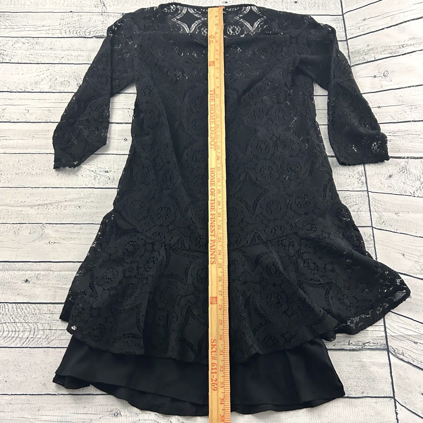 Free People Dress 3/4 Sleeve Lace Ruffle Knee Length Black Women\'s 6