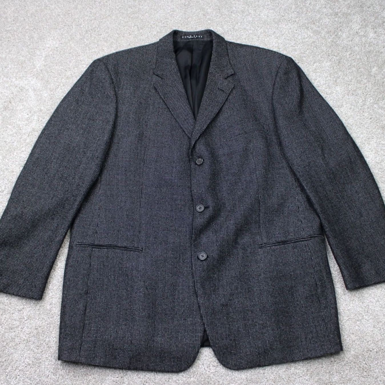 Hugo Boss HUGO BOSS Blazer Mens 44R Black Wool 3 Button Single-Breasted Jacket, Notch Lapel, Tweed, Dry Clean Only, Regular Fit, Vintage? No Size 44R - 2 Thumbnail