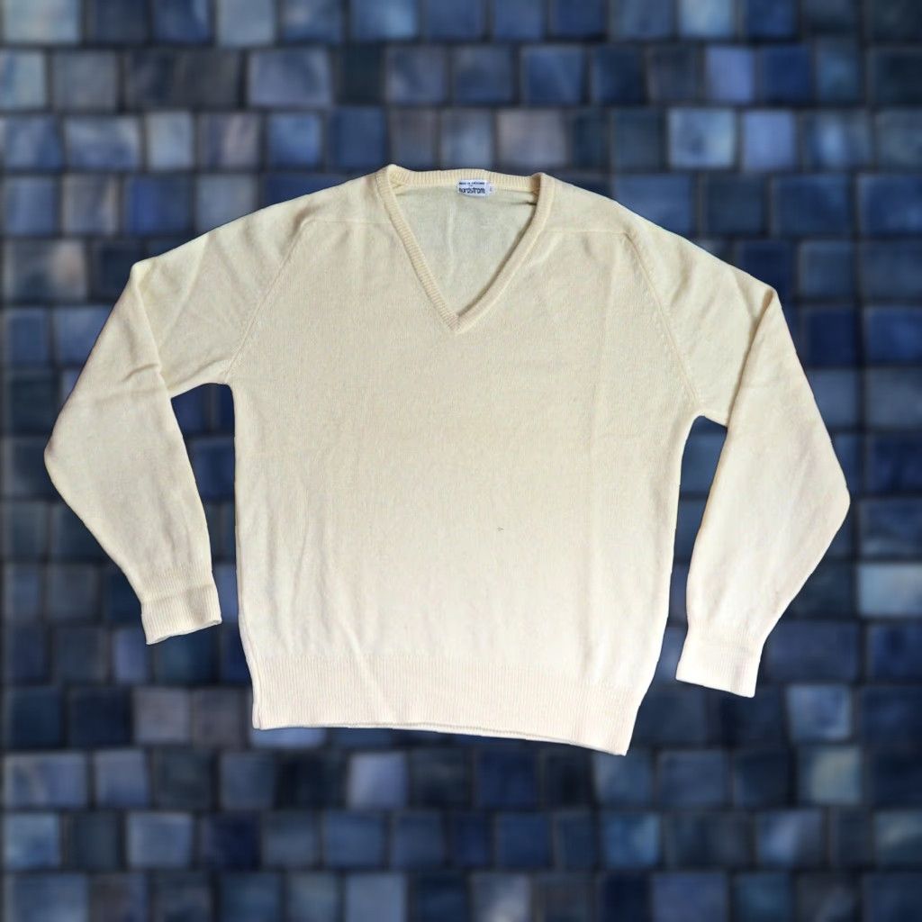 Nordstrom VTG 70s Nordstrom England Pastel Yellow Wool V-Neck Ivy Pullover Sweater Mens L Size US L / EU 52-54 / 3 - 1 Thumbnail