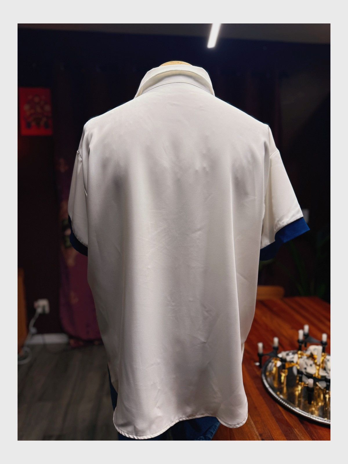 Other Unisex Silky Short Sleeve Button-Up Shirt – White with Navy Size M / US 6-8 / IT 42-44 - 7 Thumbnail