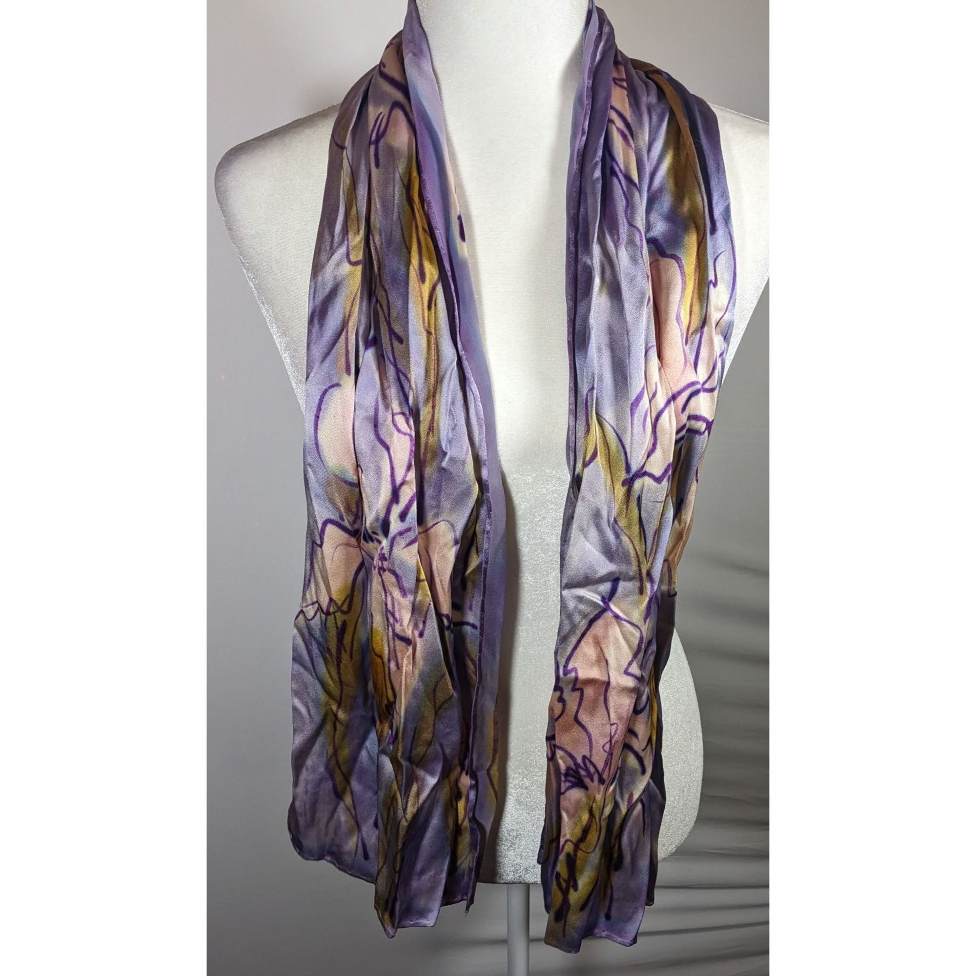 Other Abstract Floral Hand Painted Signed Purple Silk Art Scarf Size ONE SIZE - 5 Thumbnail