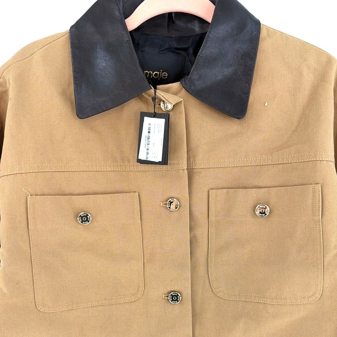 Maje Maje Women's Beige Cotton Coat With Leather Collar Size 42 Size L / US 10 / IT 46 - 7 Thumbnail