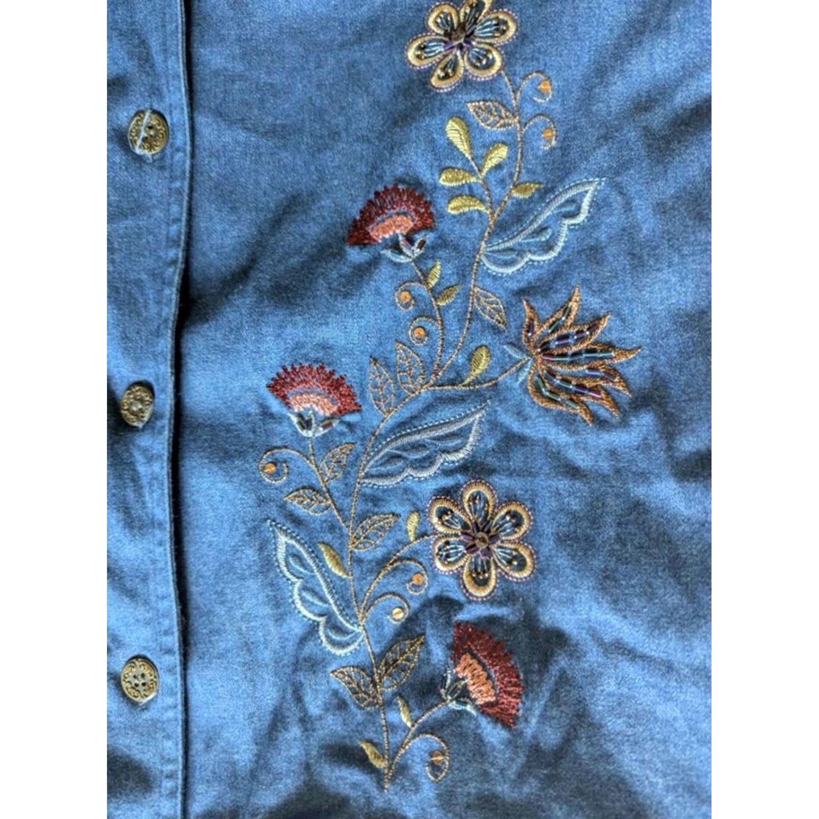 Vintage Alfred Dunner Women's 16P Lined Denim Jacket Blue Cotton Boho Floral Embroidered EUC Size XXL / US 16-18 / IT 52-54 - 4 Thumbnail