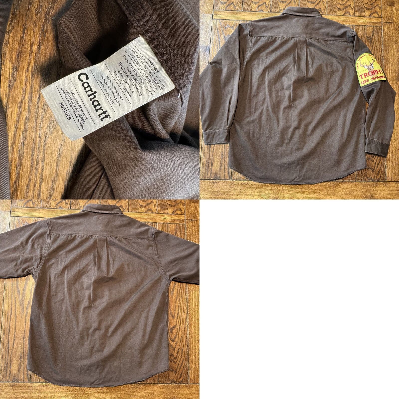 Carhartt VINTAGE Carhartt Mens Button Up Shirt Brown Vietnam Vets Patch Trophy Life Member S09DKB Size US L / EU 52-54 / 3 - 8 Thumbnail