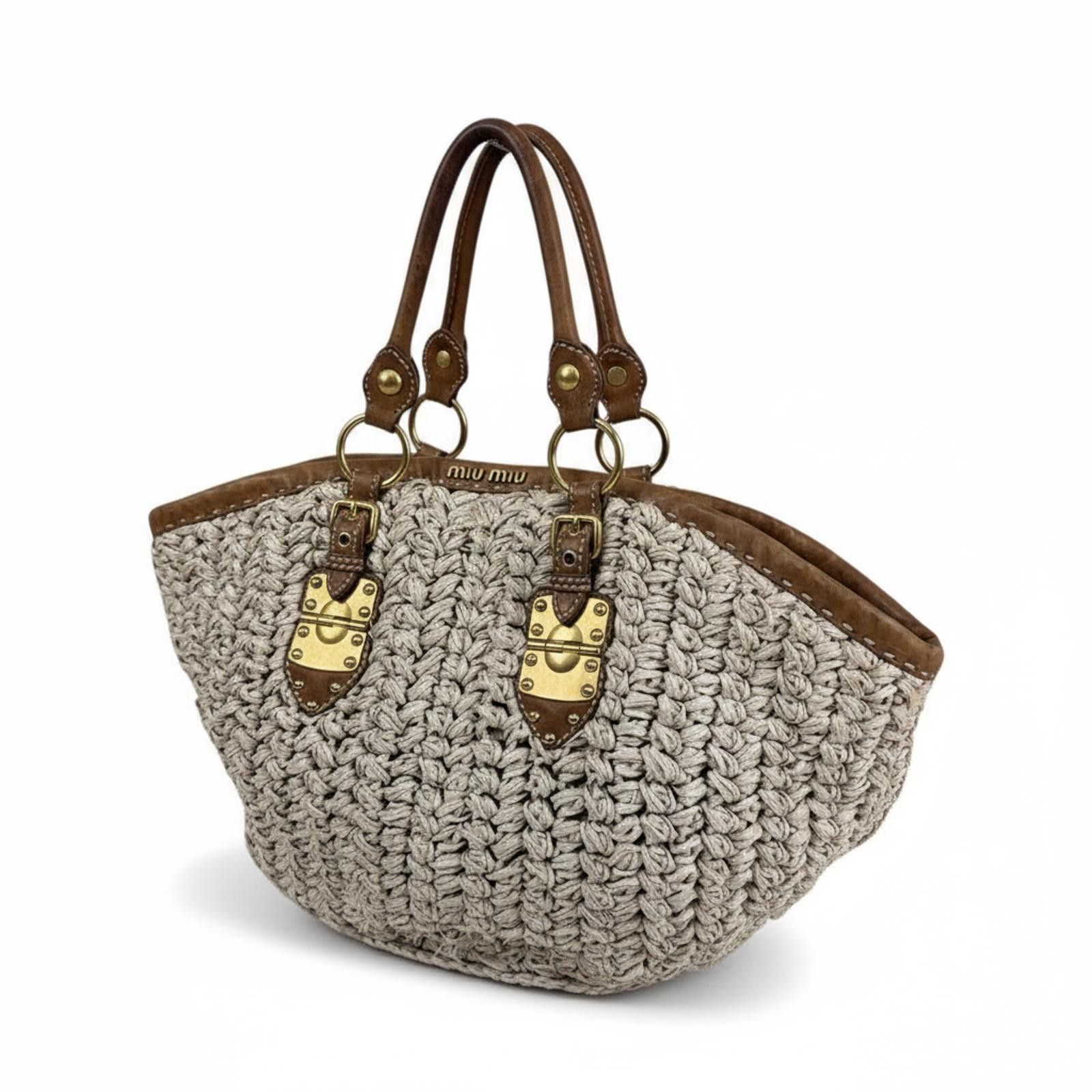 Miu Miu Miu Miu - Woven Tote Bag with Leather Handles Size ONE SIZE - 1 Thumbnail