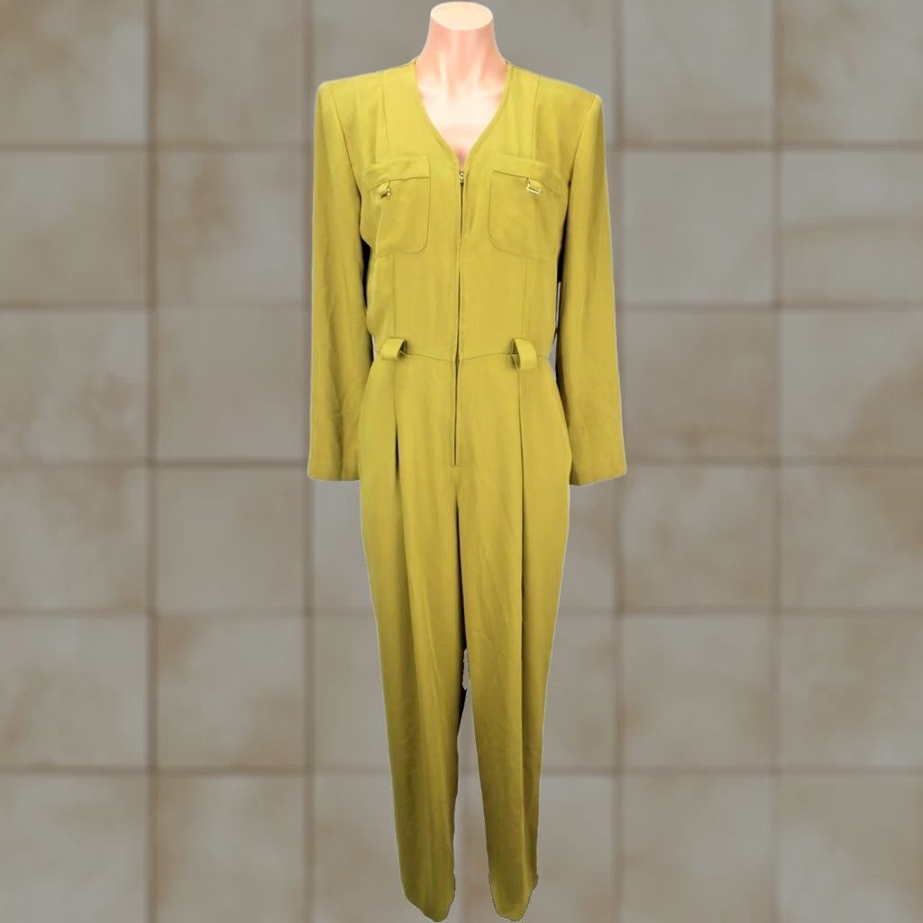 Vintage Caché Jumpsuit Shirt 80s VTG Chartreuse Green Belted Career Tapered 1990s 7 Adults Womens Mens Looks Eveningwear Size 28" / US 6 / IT 42 - 1 Thumbnail