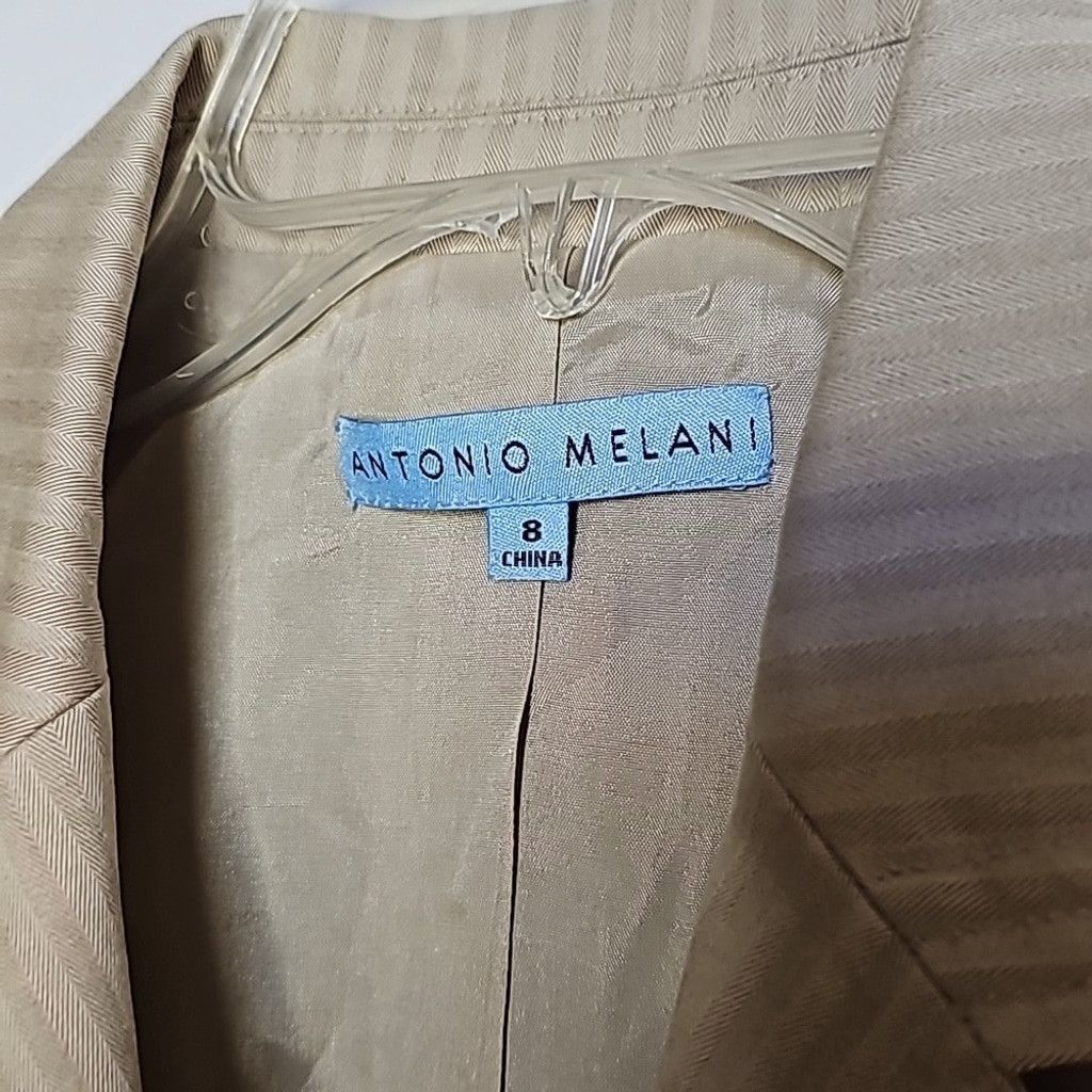 Antonio Melani pinstripe tan 2 pc pants blazer suit set sz 8