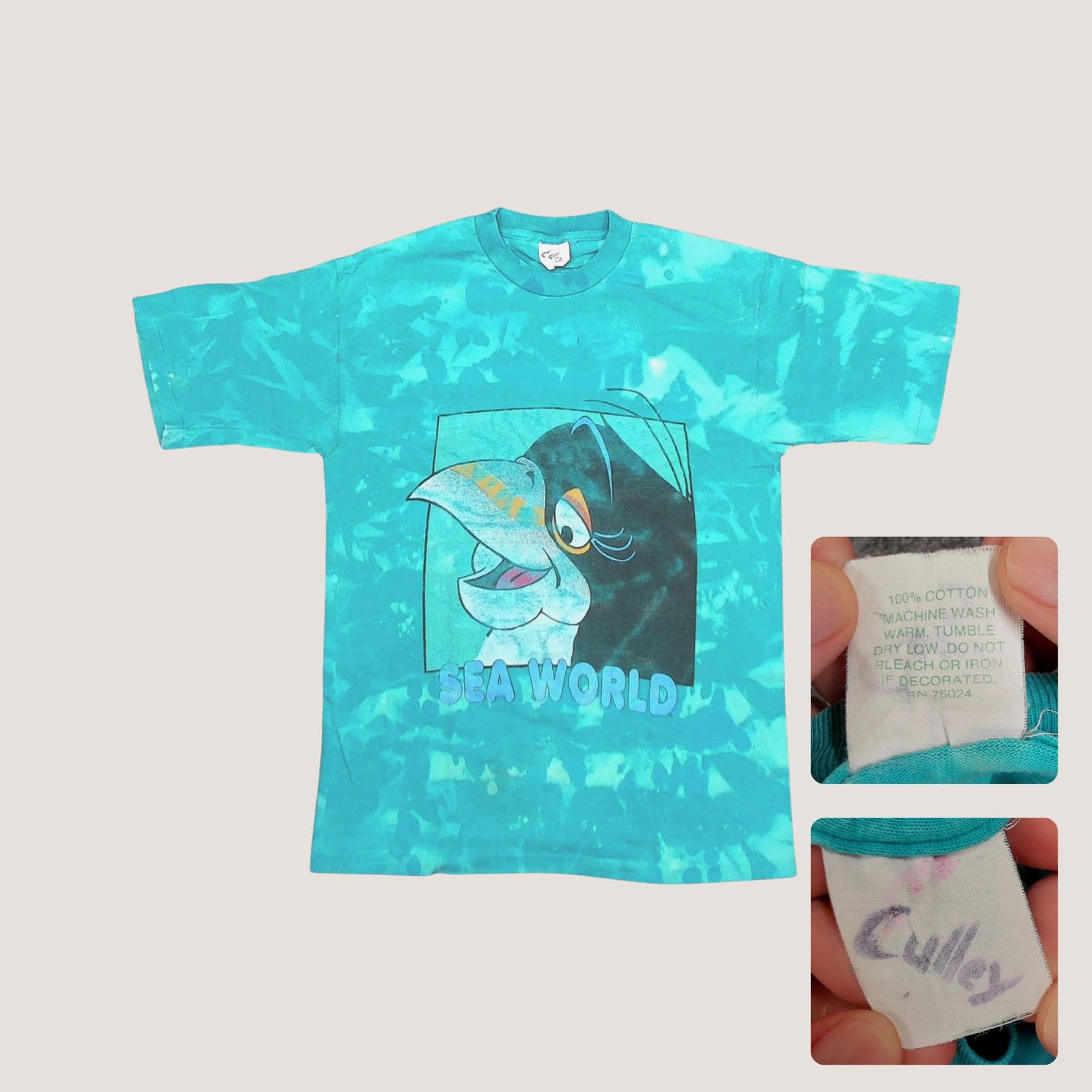 Vintage 80s/90s SeaWorld Penny Penguin Bleach Tie Dye Single Stitch Size US L / EU 52-54 / 3 - 1 Thumbnail