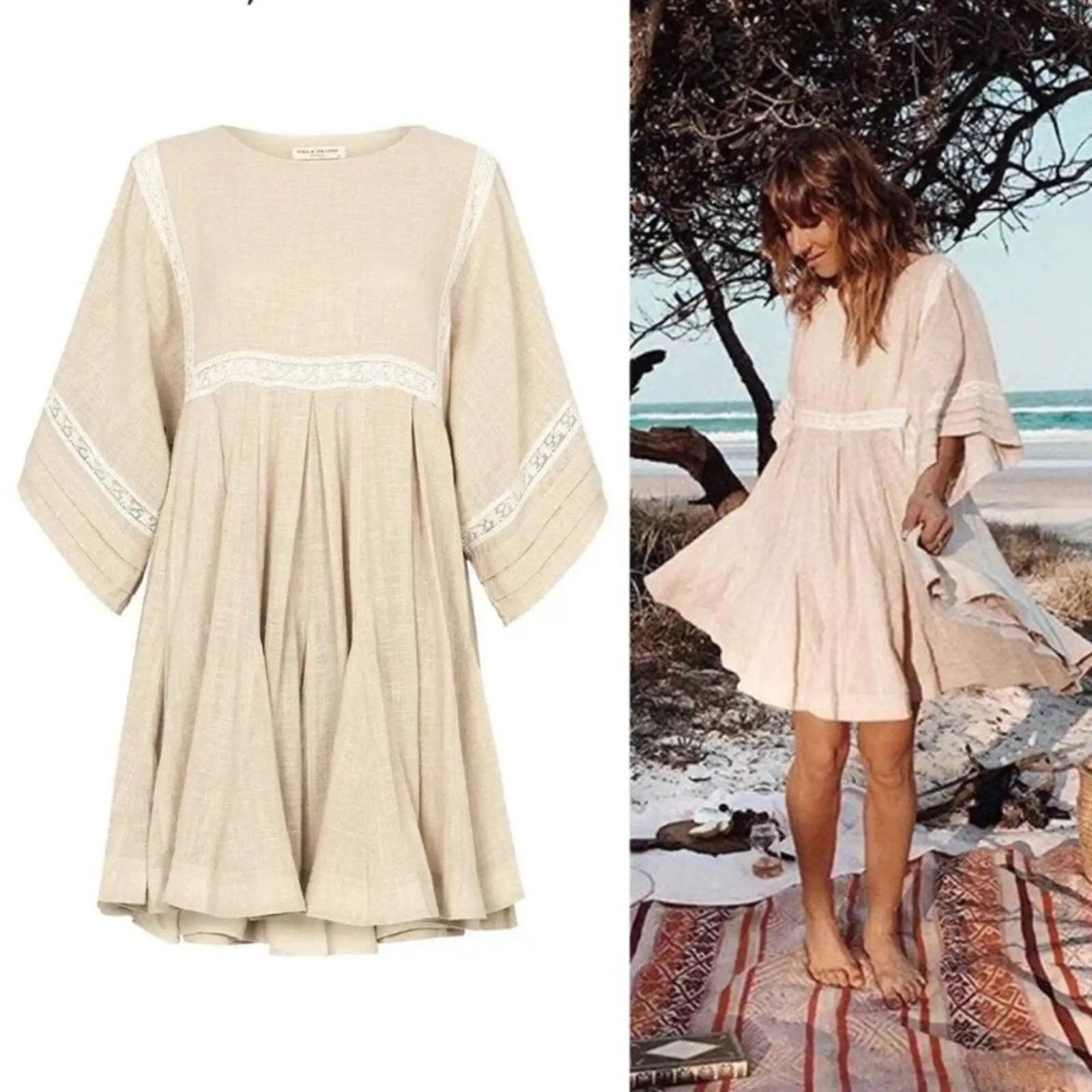 image of Spellbound Spell And The Gypsy Paloma Cream Cotton Boho Mini Dress L in Tan, Women's (Size Large)