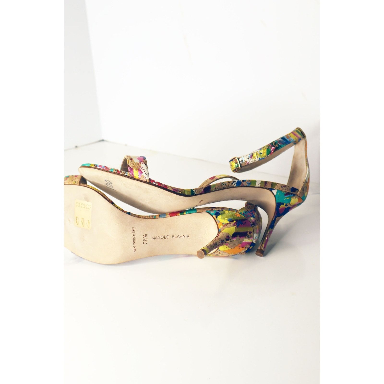 Manolo Blahnik Vintage Manolo Blahnik Cork + Splatter Paint Chaos Sandal Size US 8.5 / IT 38.5 - 9 Thumbnail