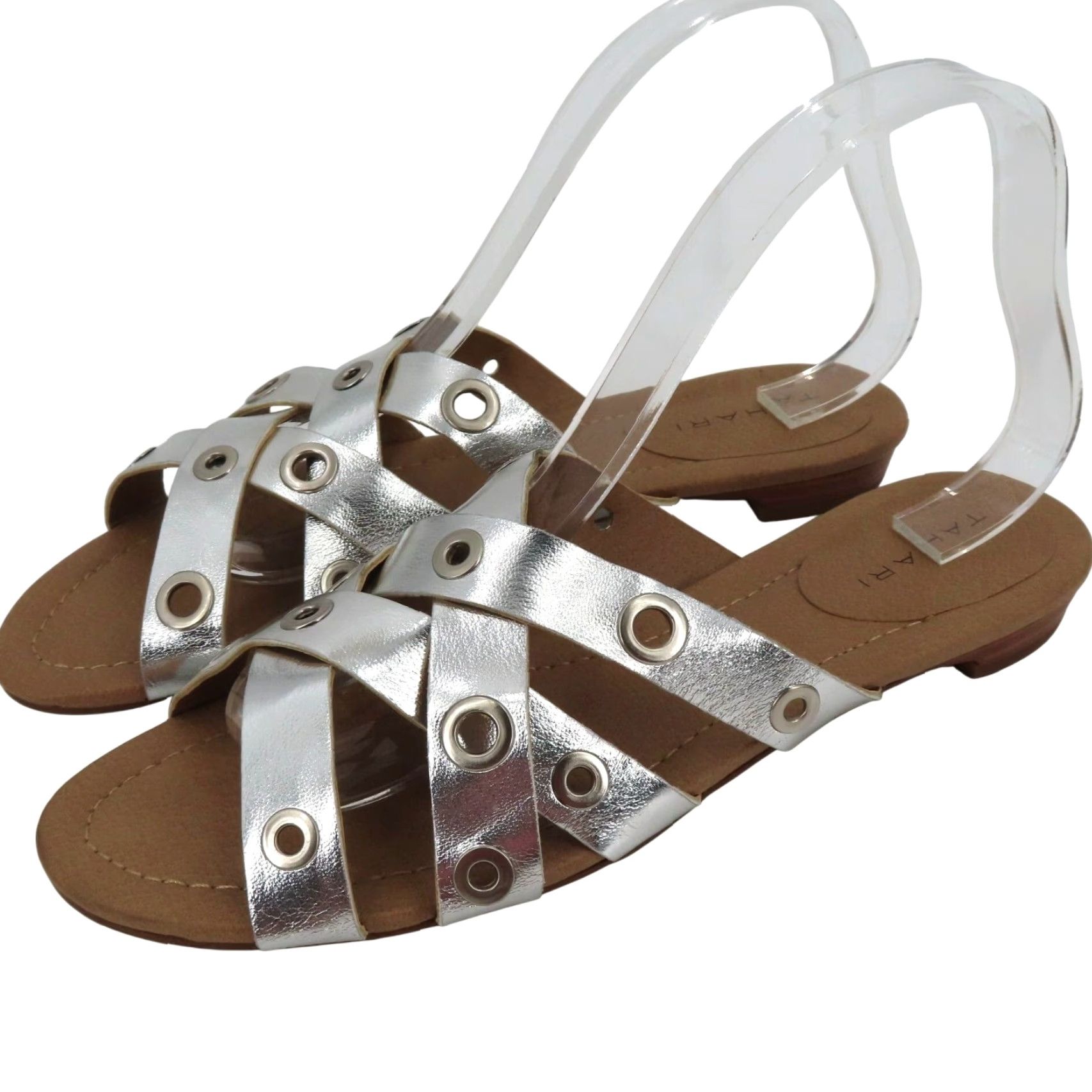Vintage Tahari Drive Womens Sandal M Size 10 Faux Leather Silver Strappy Open Toe Flat Size US 10 / IT 40 - 2 Thumbnail