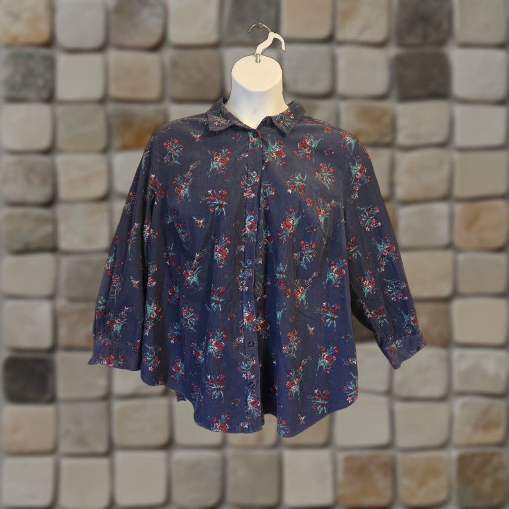 Vintage Woman Within Blue Floral Print Corduroy Button Up Top Shirt 1X 22 24 Size XL / US 12-14 / IT 48-50 - 1 Thumbnail